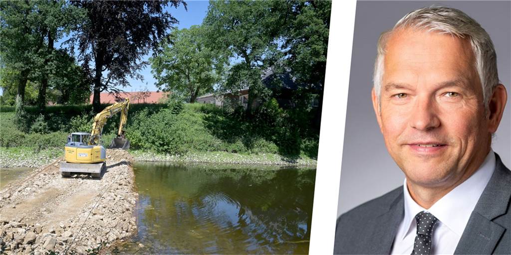 Bürgermeister zur Stever: „Jetzt nicht zu handeln, wäre ein Desaster“ Wilhelm Sendermann erklärt, warum die Stadt am Wehr in Olfen baggern ließ.