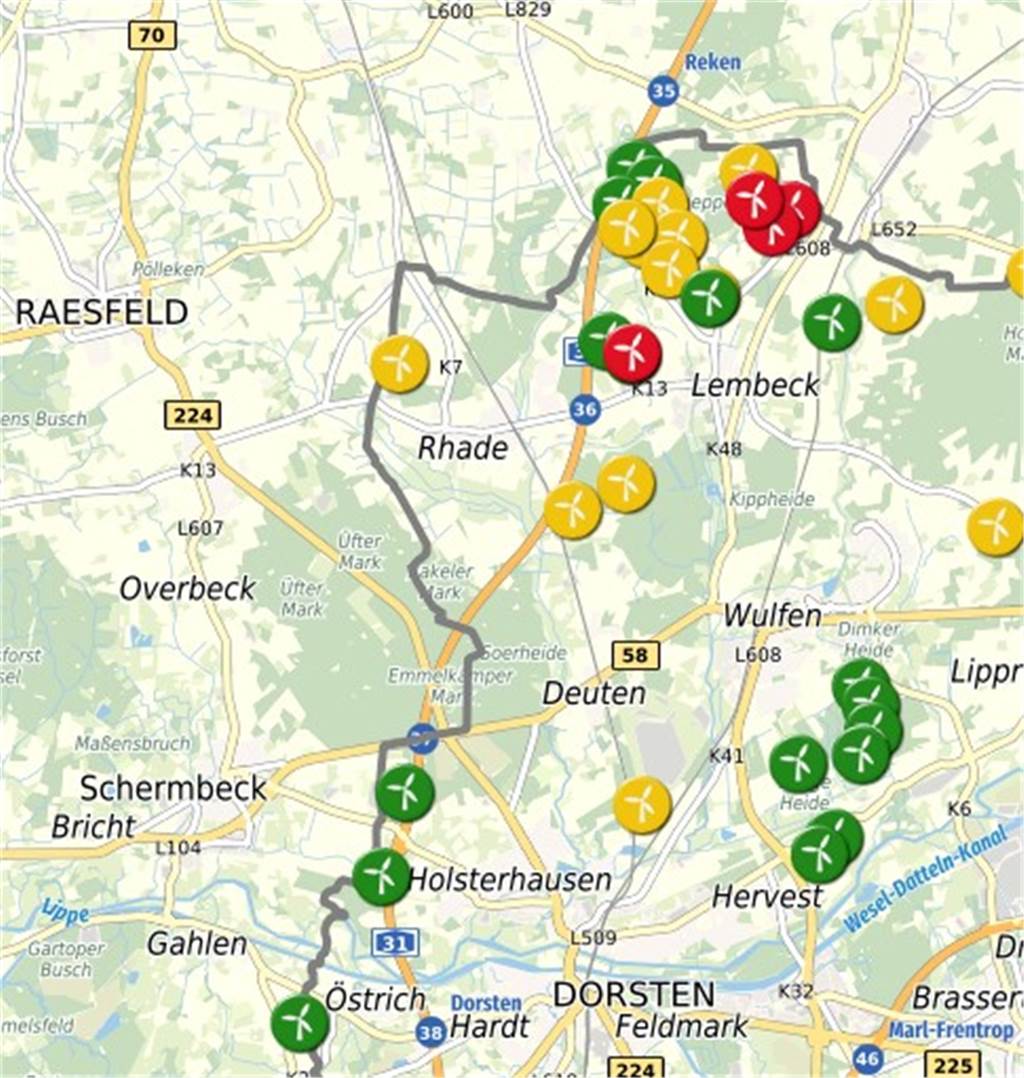 Im „Windpark Große Heide“ wird gebaut: Fundament für das erste Windrad Die Karte zeigt die Dorstener Windenergieanlagen
