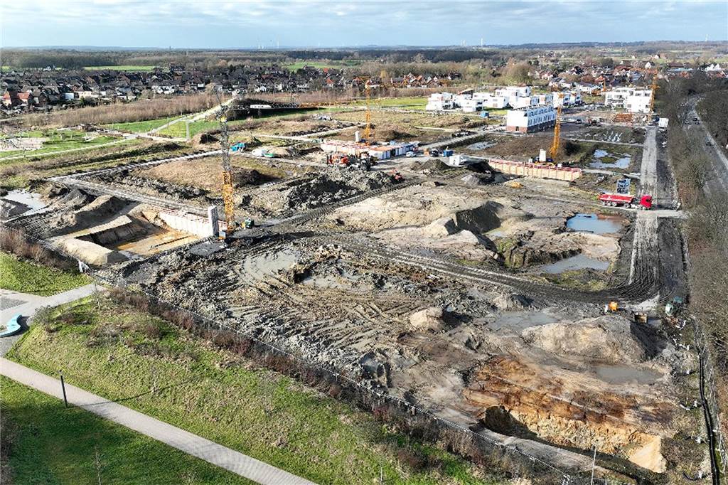 Regionale-Projekte: Auenpark, Campus und Co. kosten 23,9 Millionen Euro Die Baustelle im Baugebiet "Wohnen am Auenpark" in Selm aus der Vogelperspektive