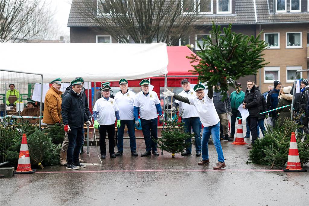 Wo kommt der Baum an: Die Teams fieberten beim Weitwurf der Tannenbäume mit. 