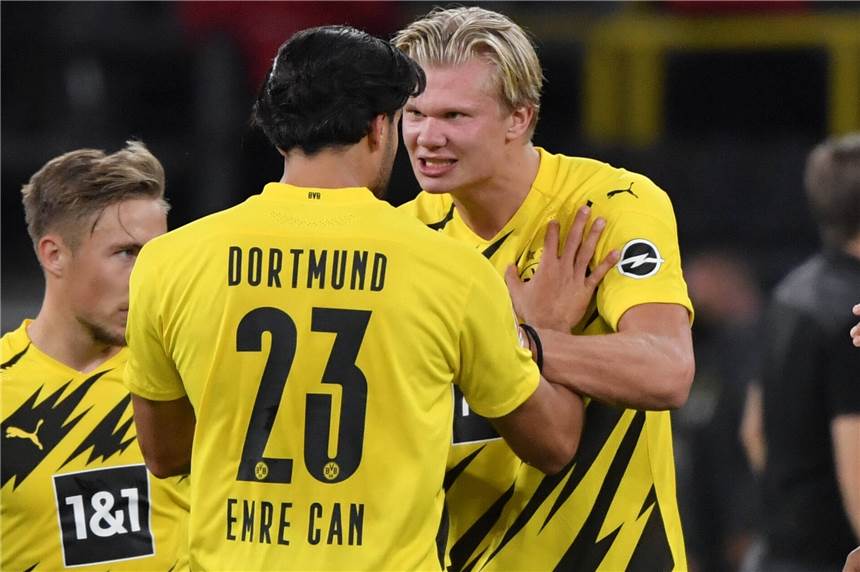 BVB-Torjäger Haaland: „Wieder einen Korso in Dortmund erleben“ Wollen mit dem BVB Titel gewinnen: Erling Haaland (r.) und Emre Can.