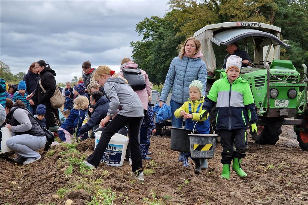 Zum gemeinsamen Kartoffelernten des Kartoffelklubs Ahle und dem Familienzentrum Heek fanden sich in Ahle am Moorbach viele große und kleine Helfer.