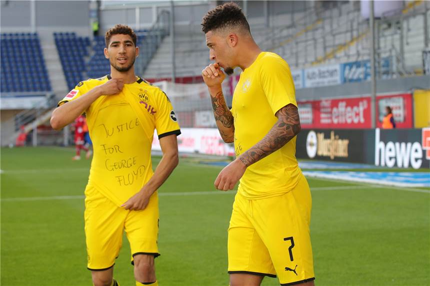 Sancho und Hakimi setzen BVB-Zeichen gegen Rassismus: „Zusammen stärker“ Zwei BVB-Spieler, eine klare Botschaft: Achraf Hakimi (l.) und Jadon Sancho.