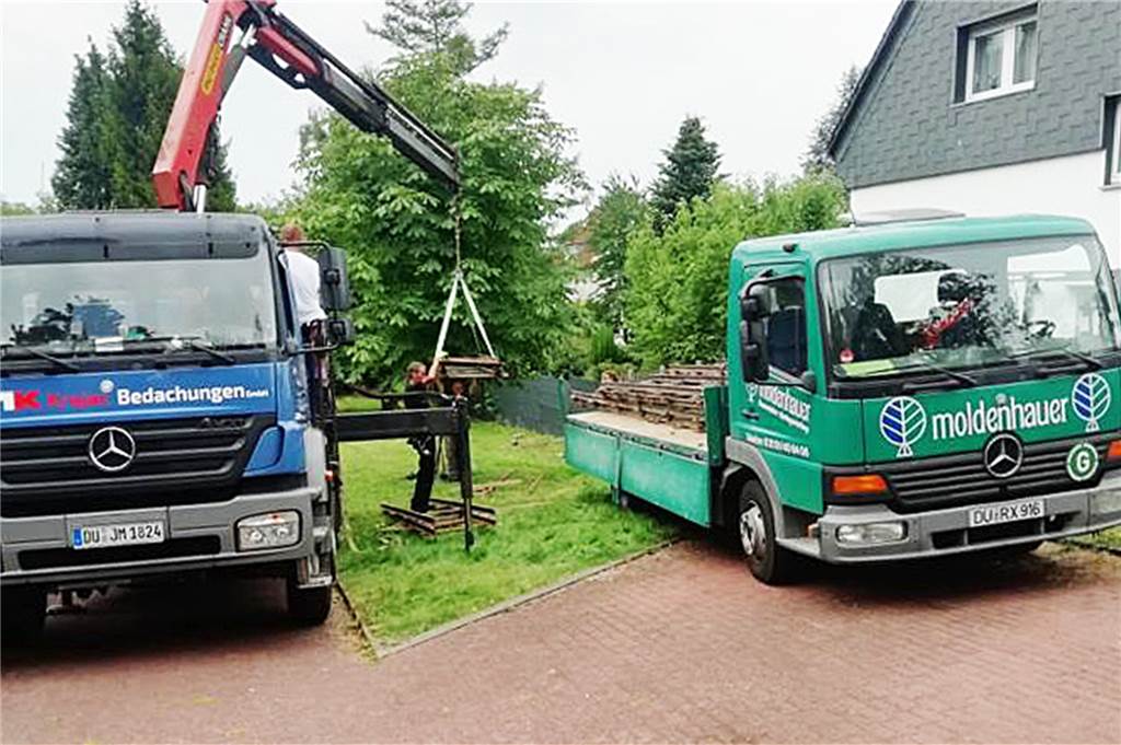 Kran bringt Feldbahnfreunden neue „Babys“ - weitere Mittwochsfahrten Zwei Firmen aus Duisburg halfen den Feldbahnfreunden mit Lkw aus.