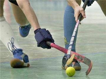 Zwei Hockeyspieler kämpfen in der Halle um den Ball.