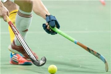 Zwei Hockeyspieler kämpfen in der Halle um den Ballbesitz. Foto: Oliver Mehlis