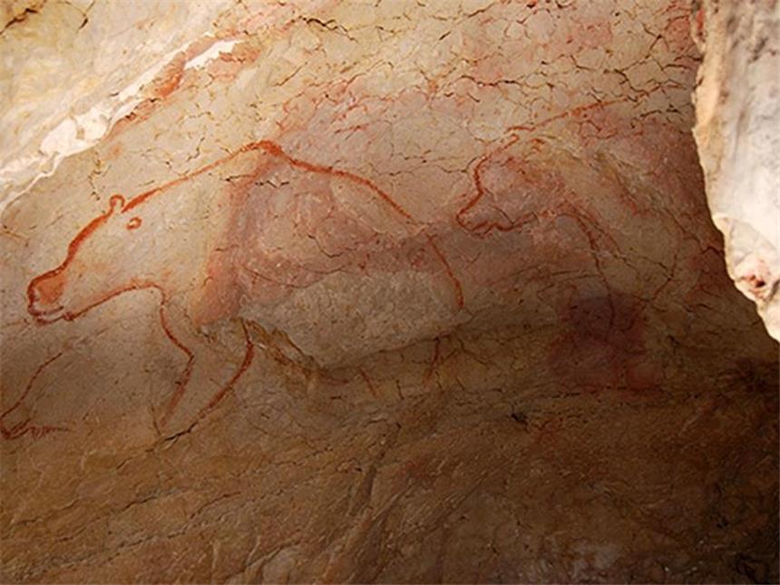 Zwei in rotem Ocker gemalte Bären in der Höhle Chauvet-Pont d?Arc in Frankreich. Foto: Jean-Michel Geneste/Ministère de la Culture et de la Communication