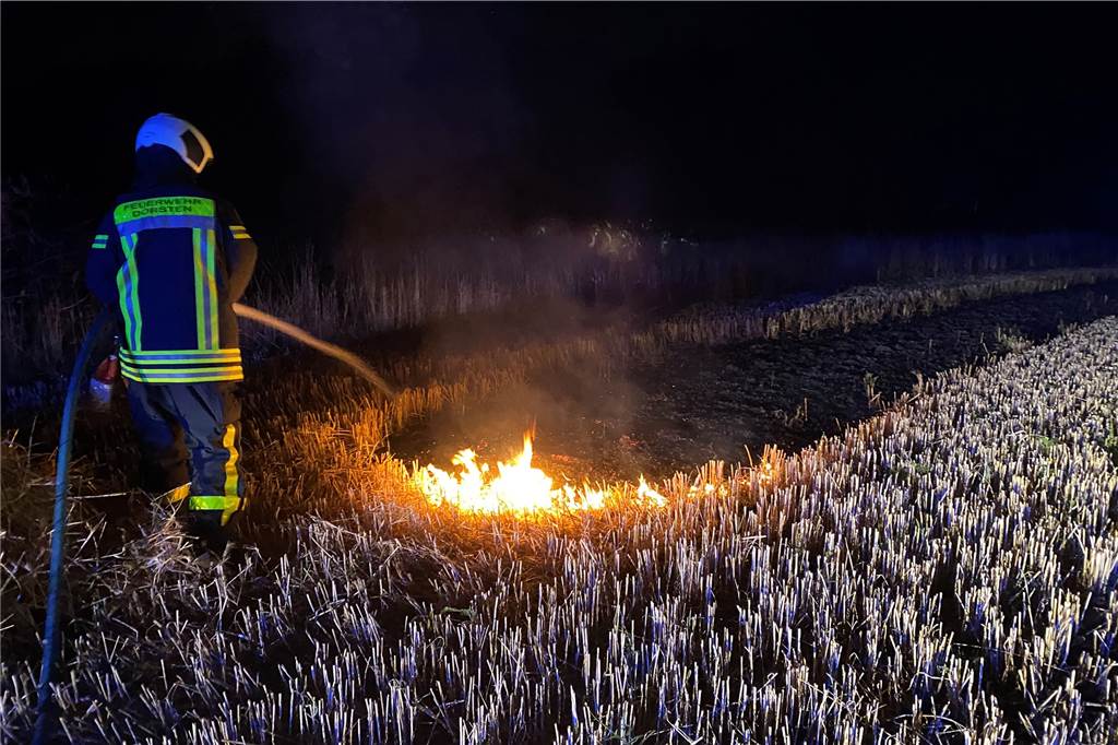 Zwei Brände auf einem Feld in Dorsten hintereinander - Brandstiftung? Feuerwehrmann löscht Feuer auf Stoppelfeld