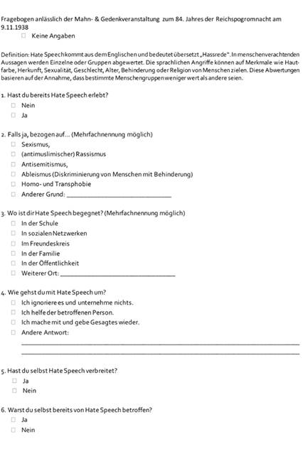 Umfrage: Fast zwei Drittel der ASG-Schüler haben Hatespeech erlebt Fragenkatalogs der Hatespeech- und Rassismus Umfrage der Anti-Rassismus-AG des ASG.