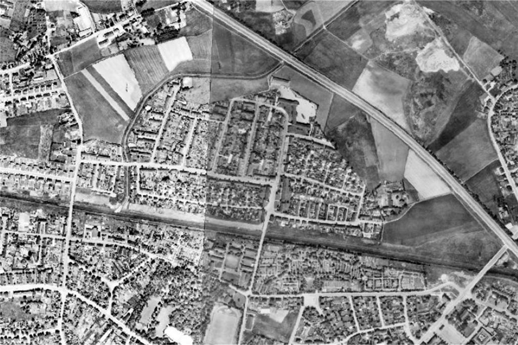 Die Aapwiesen auf Luftbildern im Wandel der Zeit Zwischen 1957 und 1980 ist diese Luftaufnahme datiert. Es dürfte sich um einen späteren Zeitraum in dieser Zeitspanne handeln.