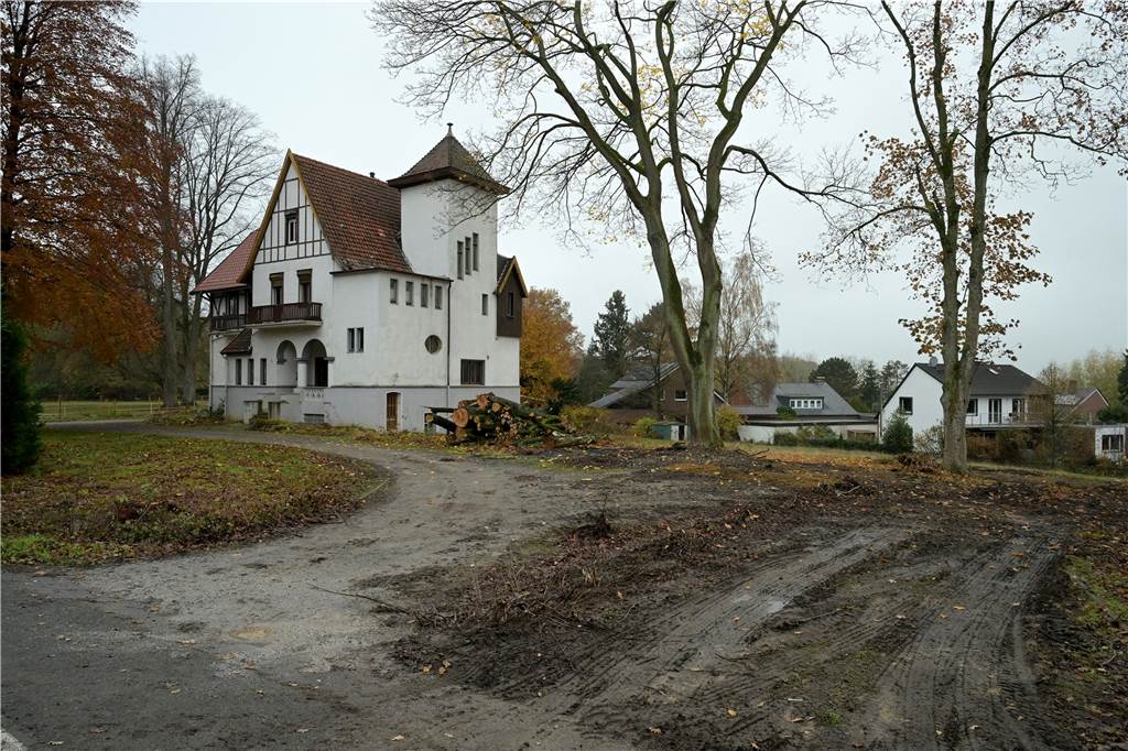 Cappenberger Villen: „Müssen schauen, wo die preisliche Reise hingeht“ Zwischen den zwei Villen wird eine Straße gebaut. Dafür wurde auch ein Baum gefällt. Im hinteren Bereich mussten ebenfalls Bäume abgesägt werden.