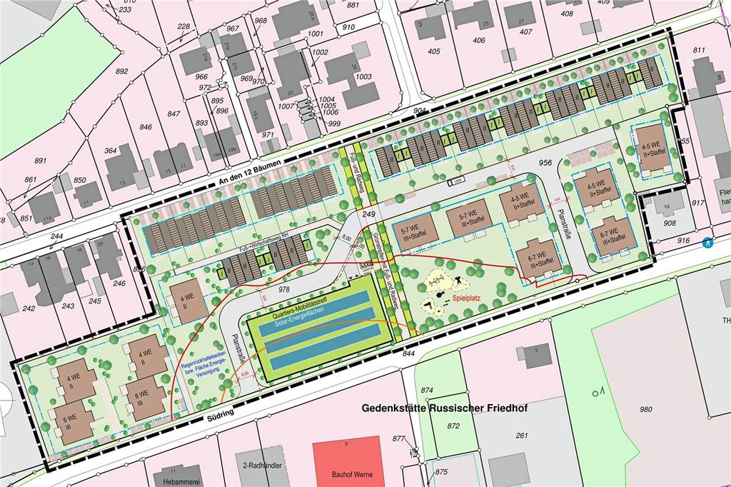 Zwischen Südring (u.) und An den 12 Bäumen (o.) könnten laut diesem Plan knapp 100 Wohneinheiten entstehen. Die drei grünen Reihen unten Mitte sollen ein begrüntes Parkhaus darstellen.